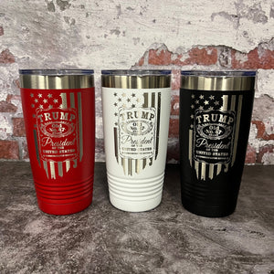 20 Oz. Trump Old No. 47 Whiskey Label and Flag Tumbler - Stainless Steel Trim